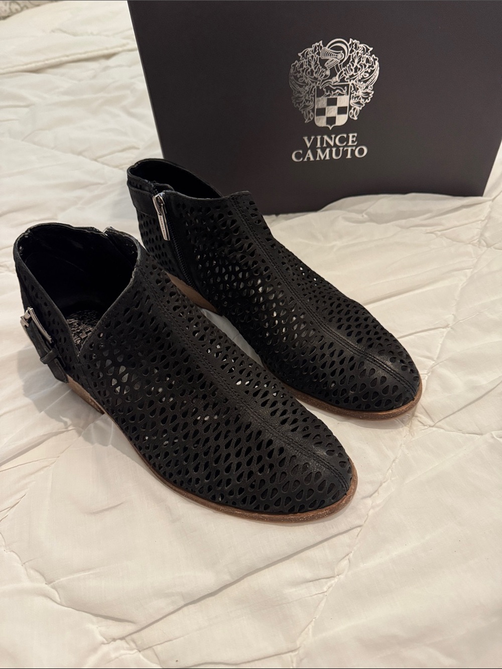 Vince Camuto Black Laser-Cut Leather Ankle Booties